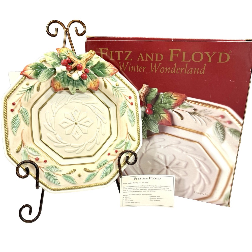 Fitz and Floyd Classics Christmas Winter Wonderland Octagonal Canape Plate Boxed - Picture 1 of 8